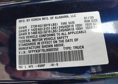 2020 Honda Ridgeline Rtl-E from USA, damaged, VIN 5FPYK3F76LB002352